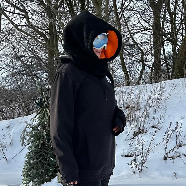 Balaclava i sort Teddy med orange fleece.