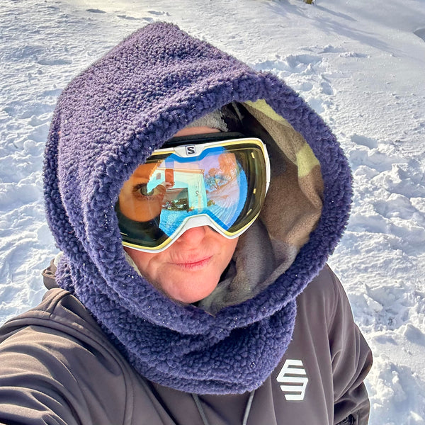 Balaclava i blå Teddy med army fleece foer.