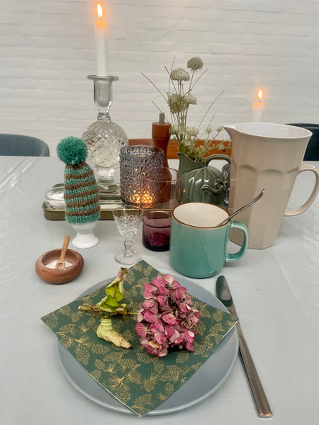 Æggevarmer aka Nissehue i turkis og brun strik med pom pom.