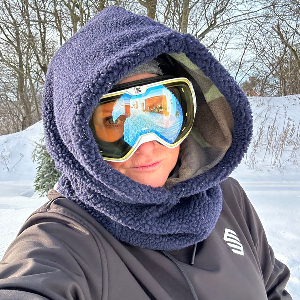 Balaclava i blå Teddy med army fleece foer.