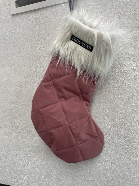 Stor julesok i mørk Rosa quilt med fake fur.
