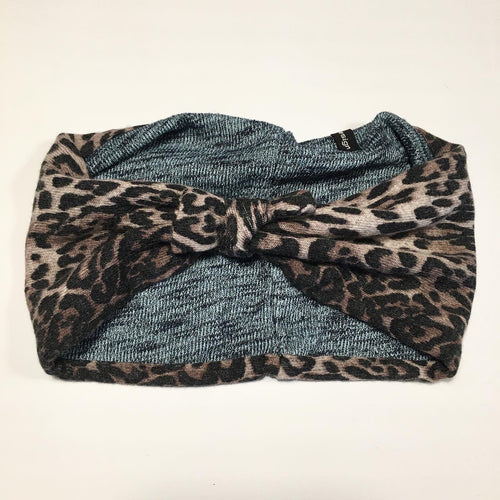 Pige pandebånd i leopard strik og blå meleret strik. Str.8-14 år - TrikkerDesign