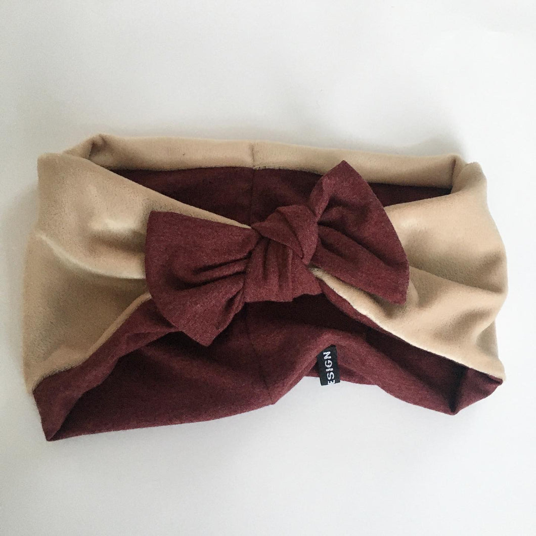 Pandebånd i bordeaux og beige Stretch med sløjfe